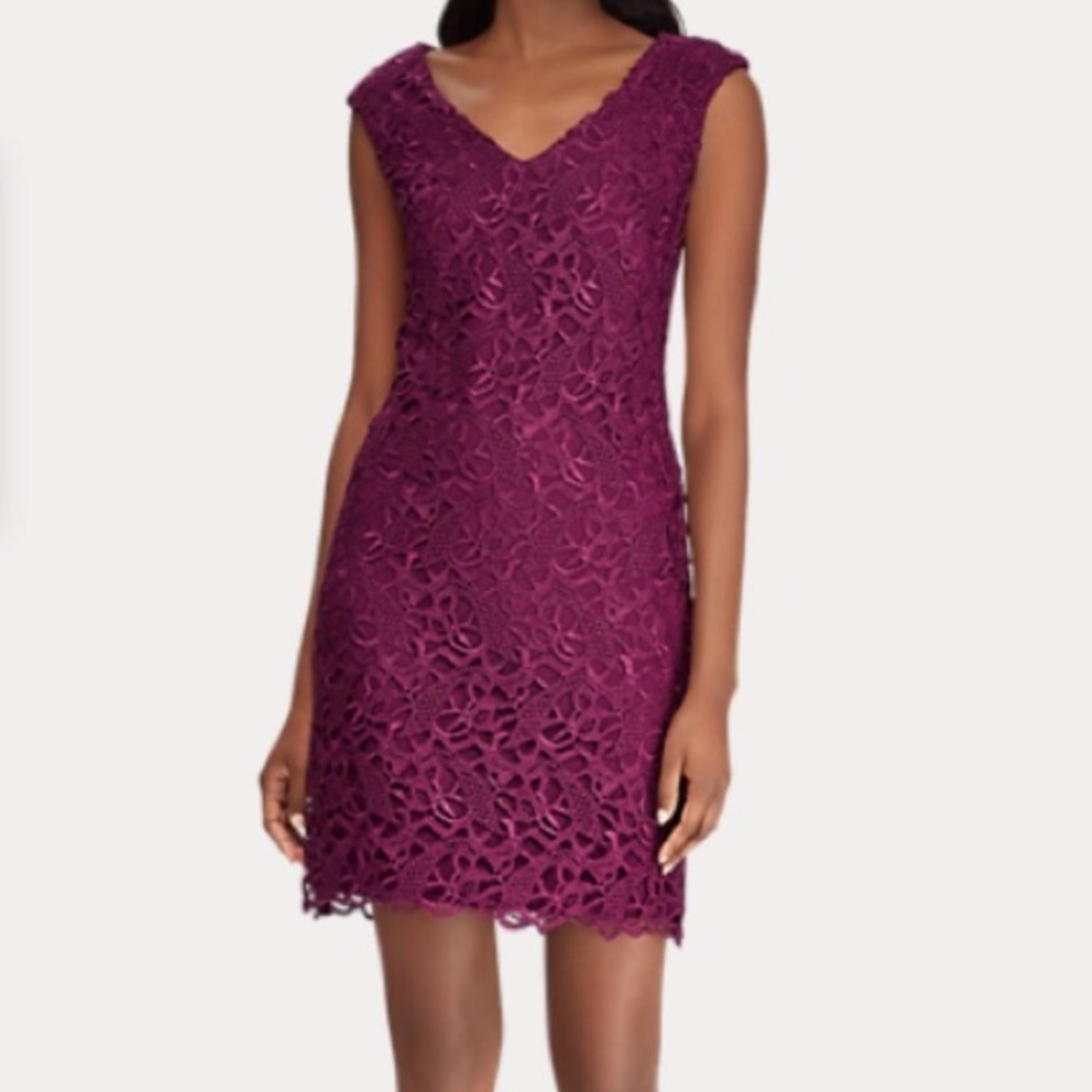 NWT Lauren Ralph Lauren Scalloped Lace Sheath Dress Sleeveless Plum Sz 0